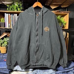 Vintage Y2K Harley Davidson Zip Up Hoodie Faded Black Orange Sweatshirt Mens 2XL